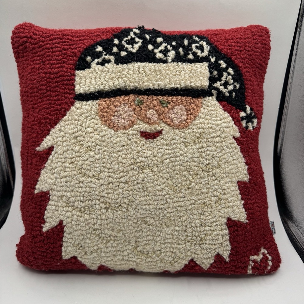 Chandler 4 Corners Hand Hooked 100% Wool Pillow Santa Christmas Laura Megroz